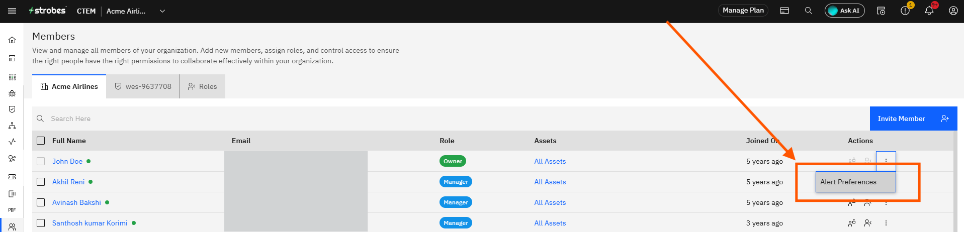 Invite Members and Manage Roles in Strobes: Step 5 — Open Member Alert Preferences (screenshot 5)