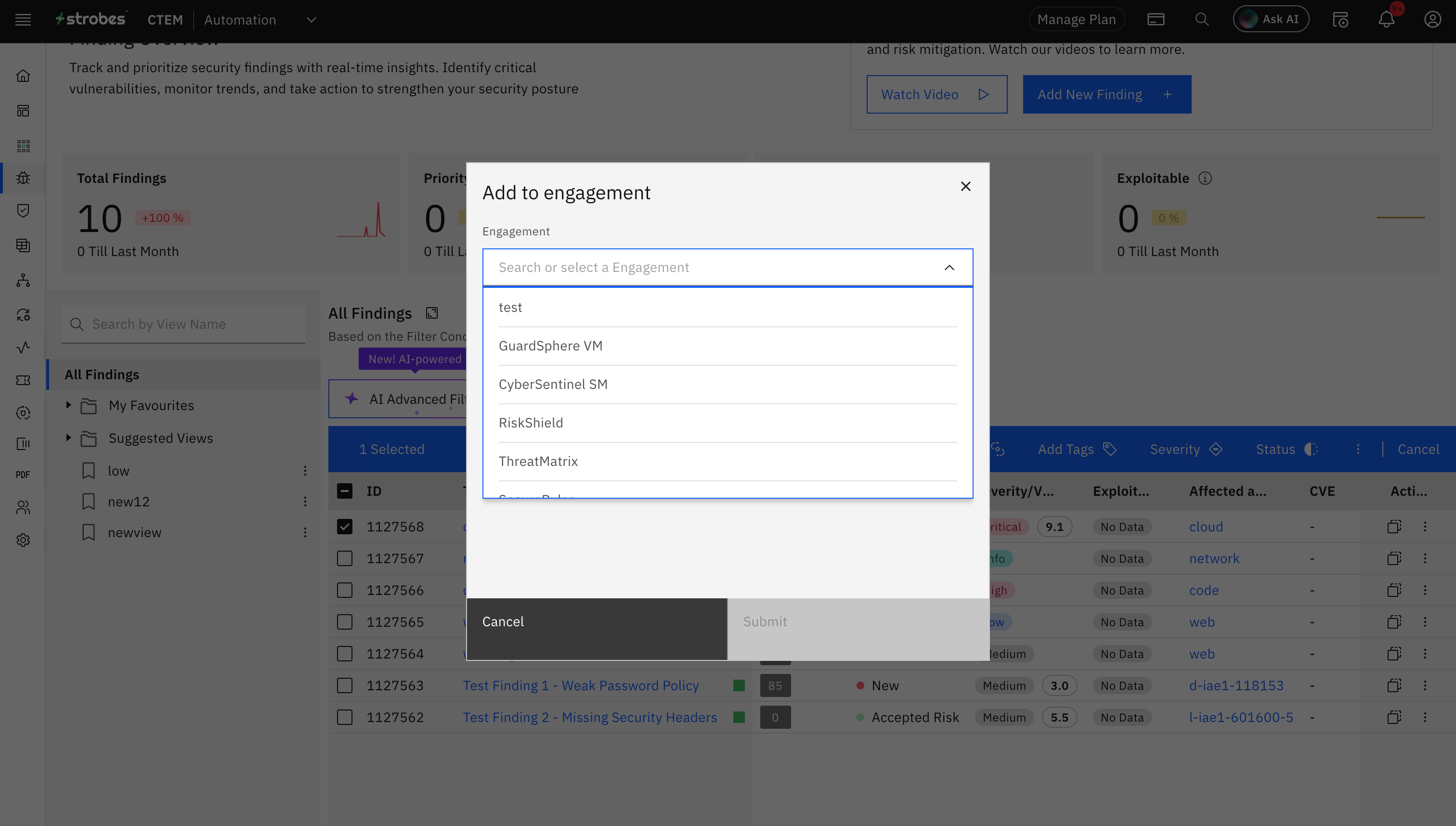 Bulk actions on findings: Add to Engagement Bulk Action (screenshot 19)