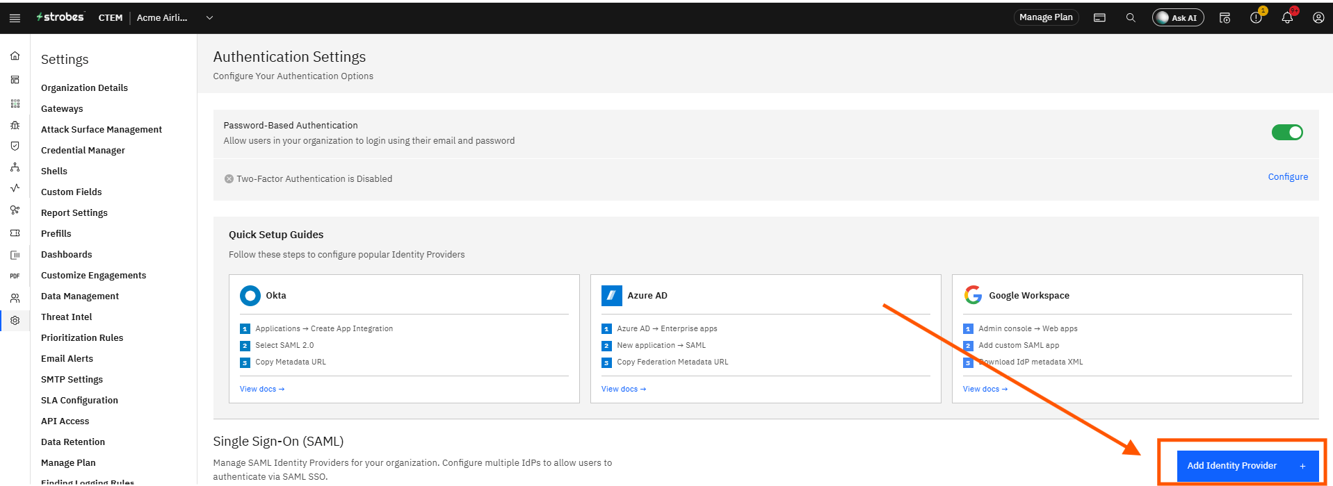 Configuring Okta SSO (SAML): Step 8 — Click Add Identity Provider (screenshot 9)