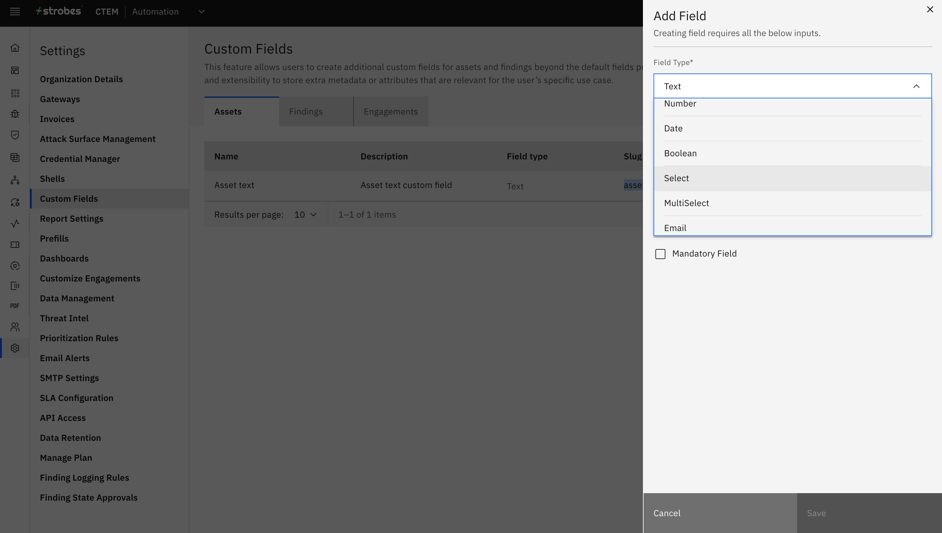 Asset Custom Fields: Defining Custom Fields (screenshot 2)