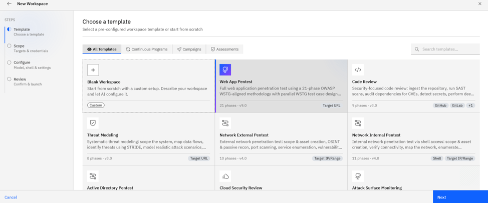 Web Application Pentest: Step 1: Open the wizard and pick the template (screenshot 3)