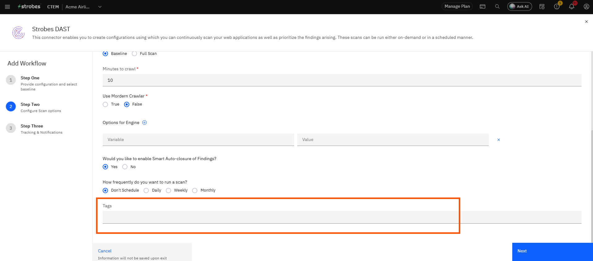 Configuring Strobes DAST: Step 18 — Add Tags (Optional) (screenshot 18)