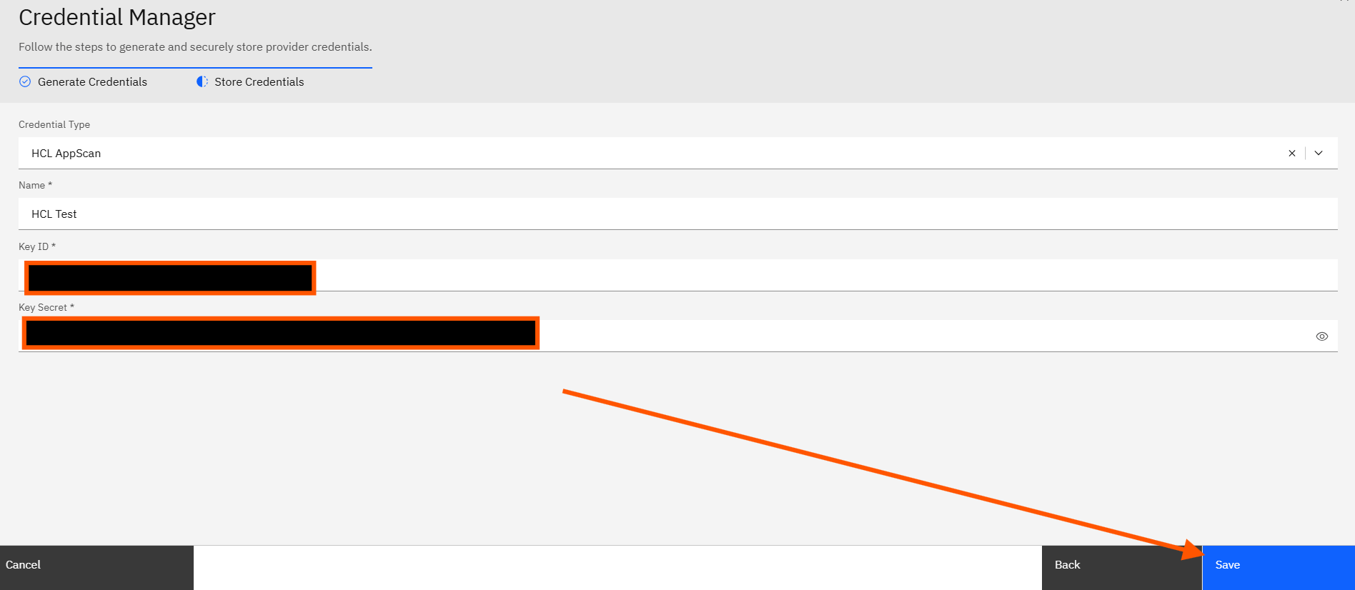 Configuring HCL AppScan credentials: Step 4: Save the Configuration (screenshot 4)