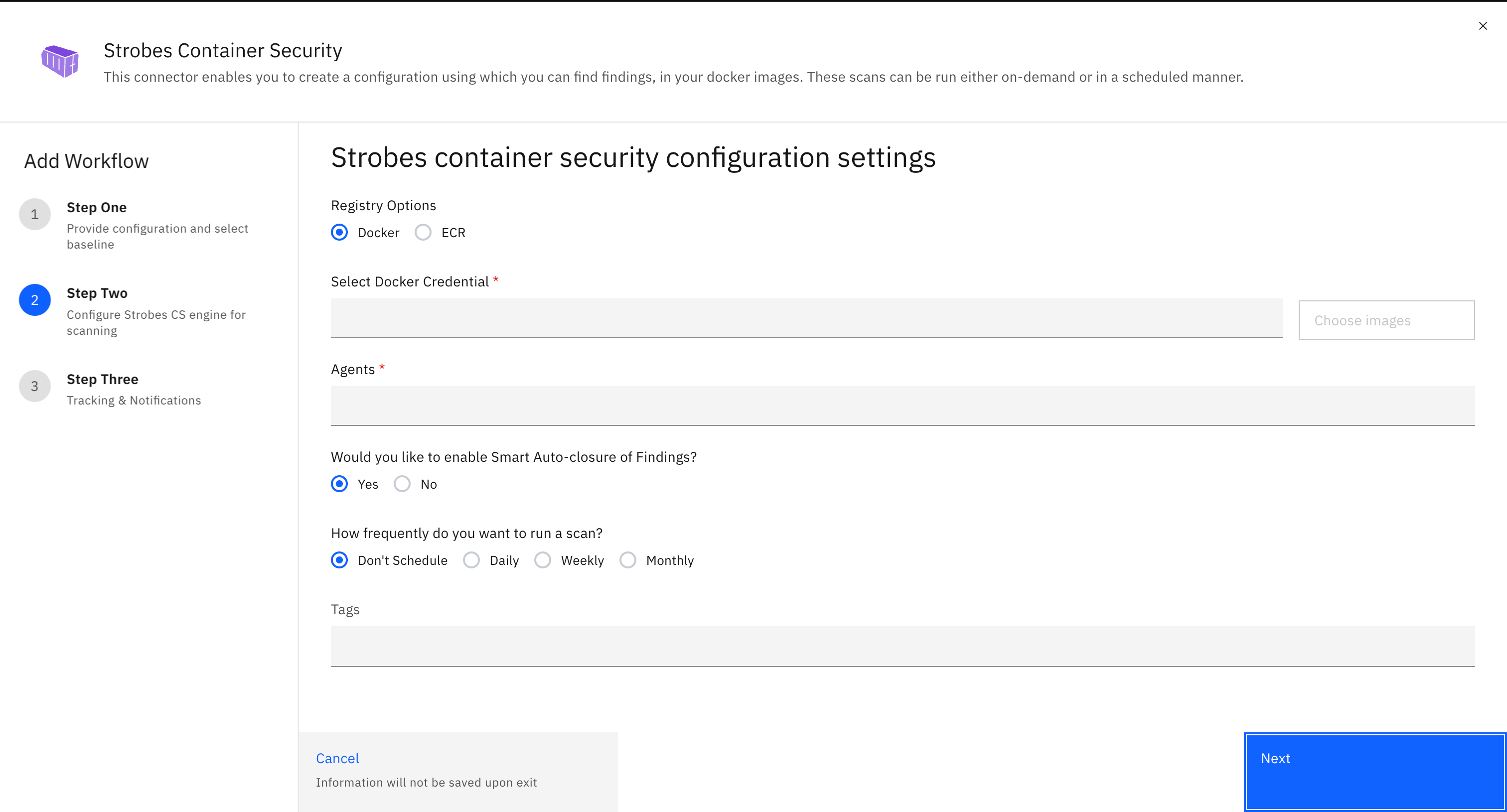 Container scanning workflow: Choosing the Container Registry: (screenshot 1)