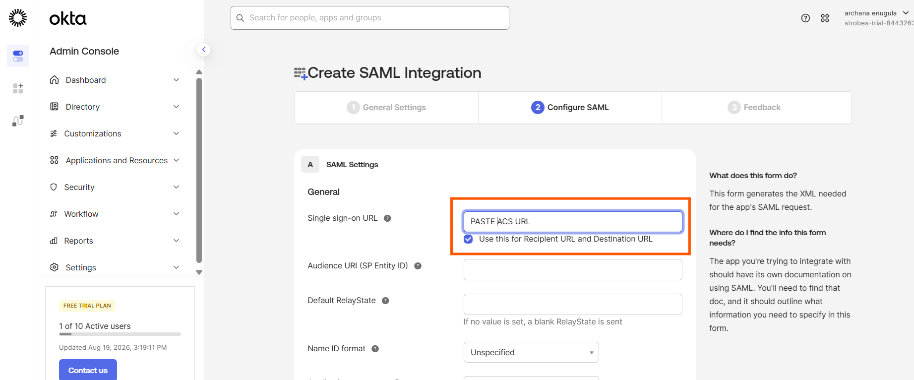 Configuring Okta SSO (SAML): Step 17 — Paste the ACS URL into the Single Sign-On URL Field (screenshot 18)