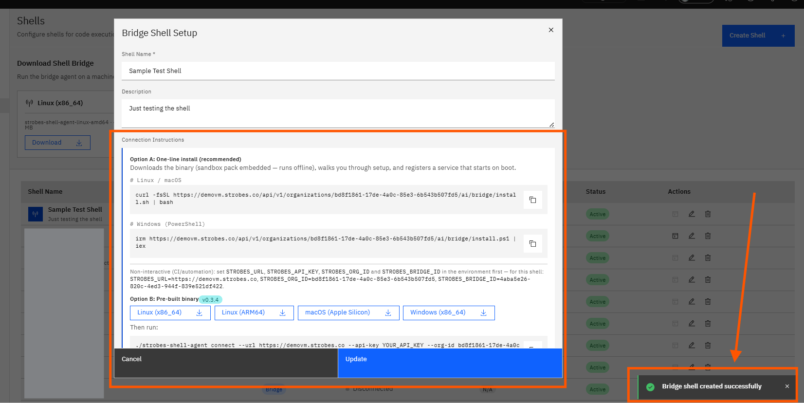 Creating a Shell Using Shell Bridge in Strobes: Step 7 — Review the Bridge Shell Setup Modal (screenshot 7)
