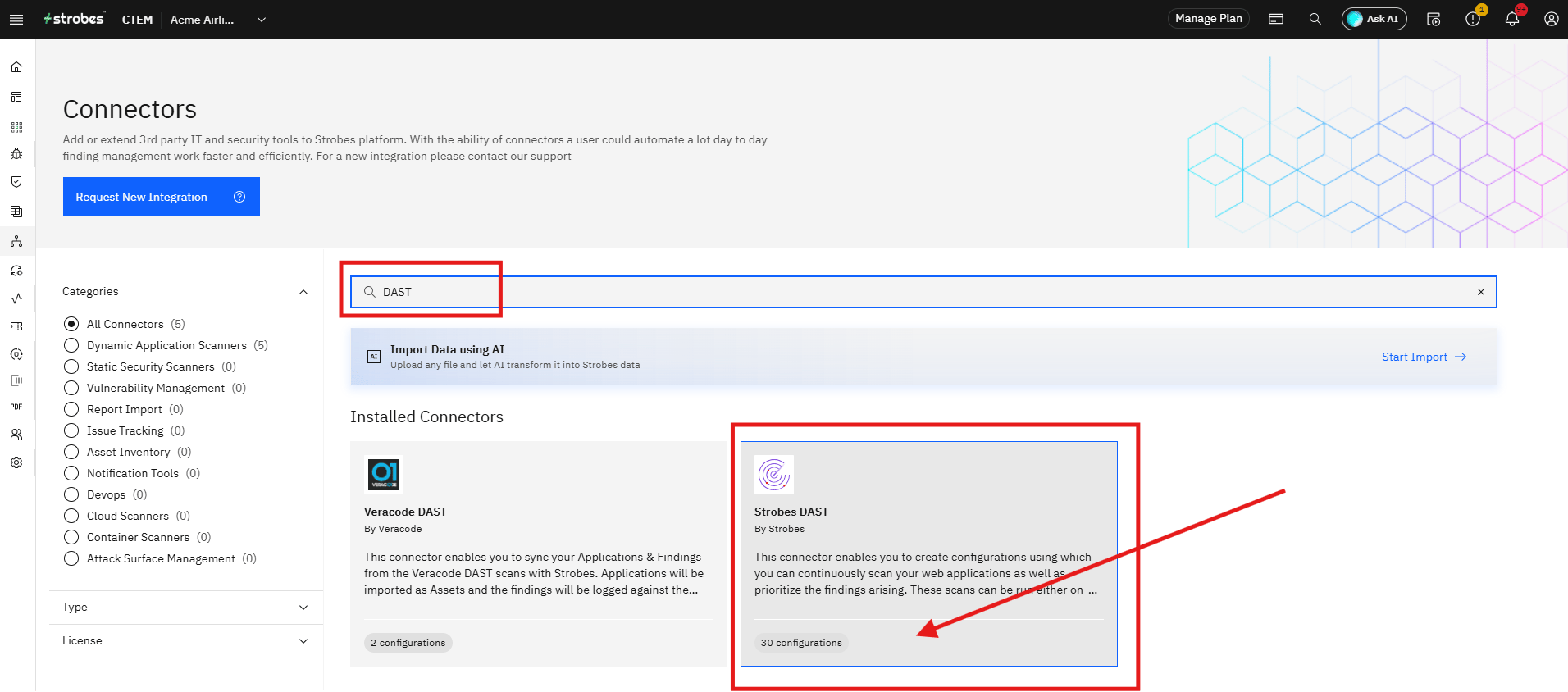 Configuring Strobes DAST: Step 2 — Search for the Connector (screenshot 2)