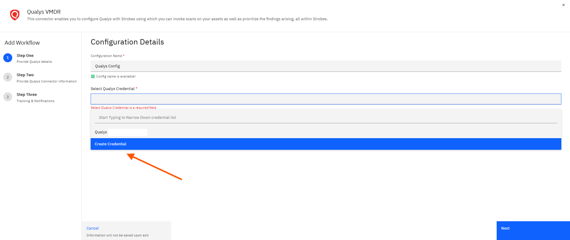 Configuring Qualys VMDR with Strobes: Step 6 — Click Create Credential (screenshot 6)