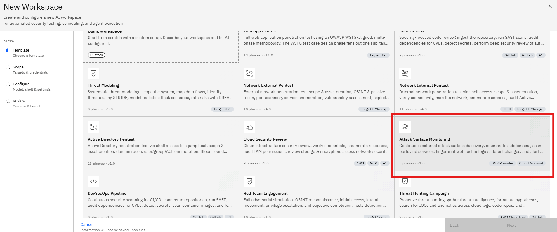 Attack Surface Monitoring Template: Step 1: Select the Attack Surface Monitoring Template (screenshot 4)