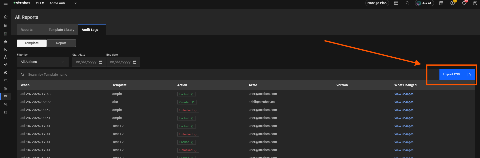 Report Audit Logs: Step 8 — Export the Template Log to CSV (screenshot 8)