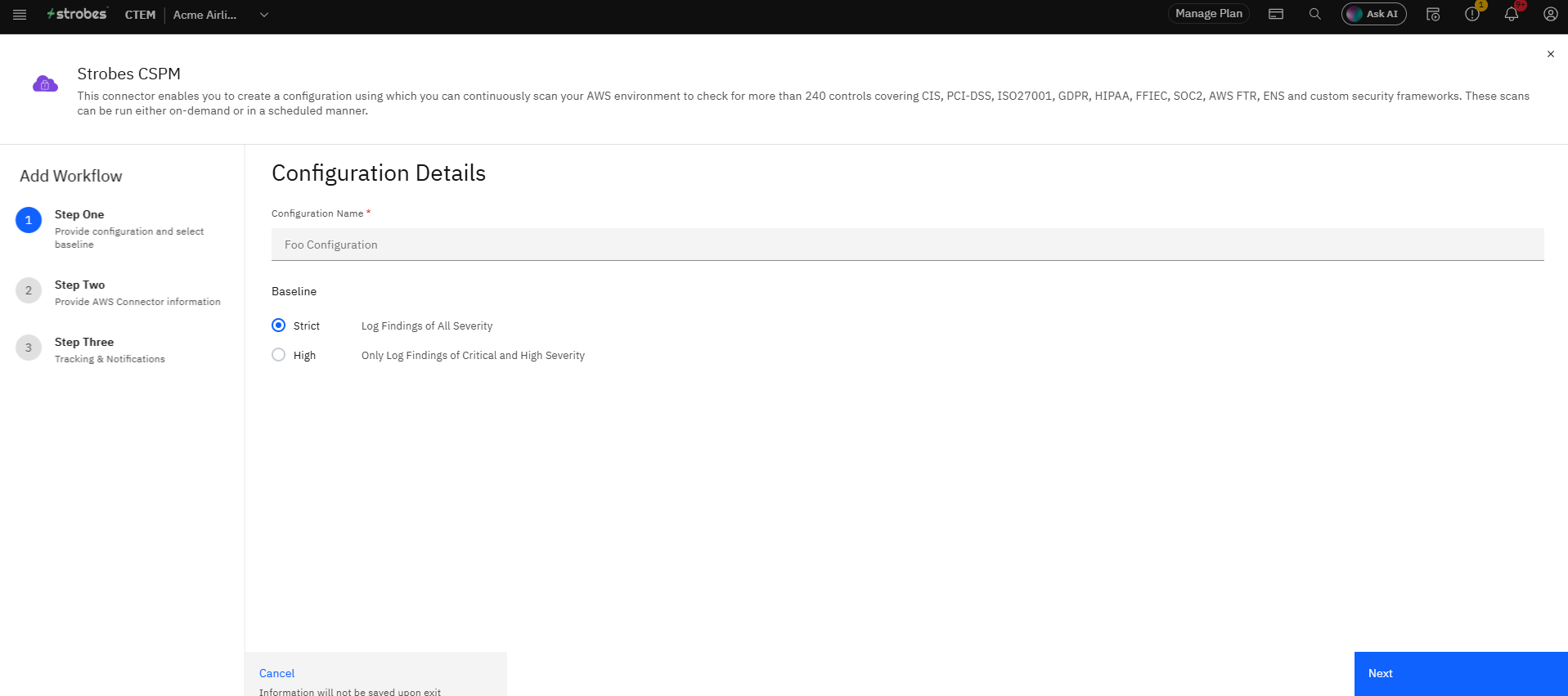 Configuring Strobes CSPM: Step 3 — Open the Connector and Click Add Workflow (screenshot 3)