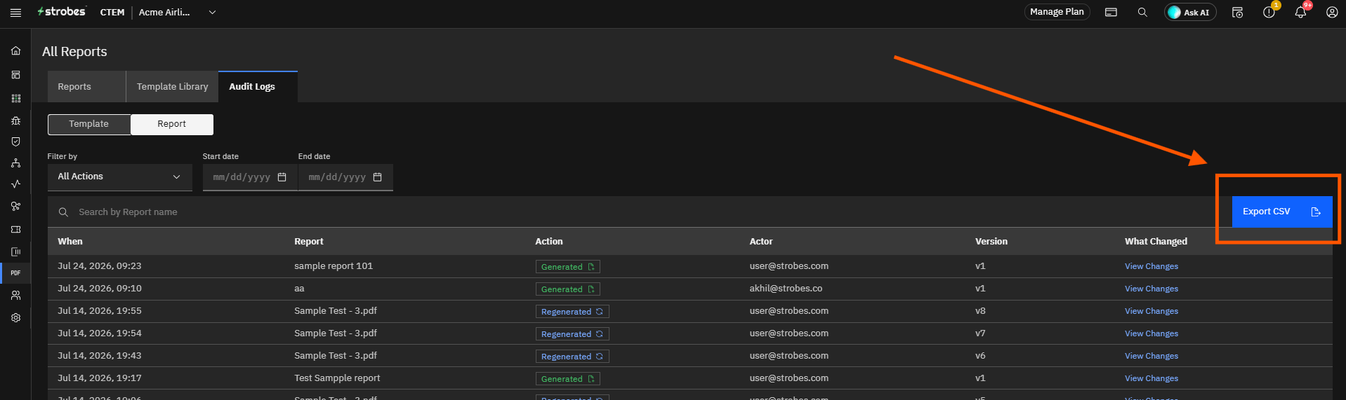 Report Audit Logs: Step 16 — Export the Report Log to CSV (screenshot 17)