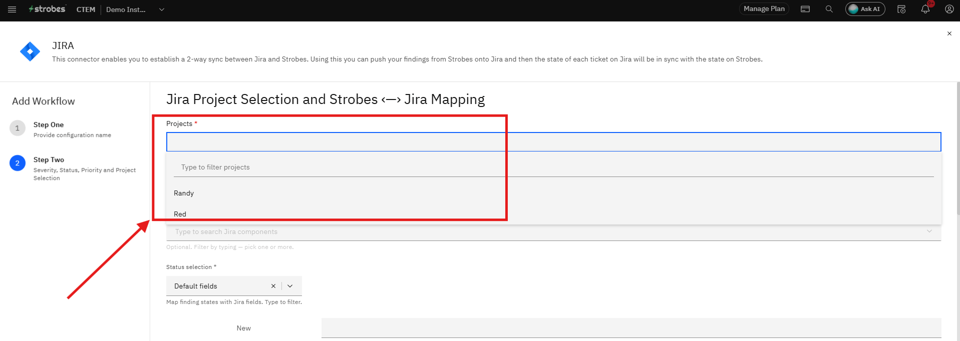 Configuring the Jira Integration in Strobes OAuth 2.0: Step 17 — Select the Jira Project (screenshot 16)