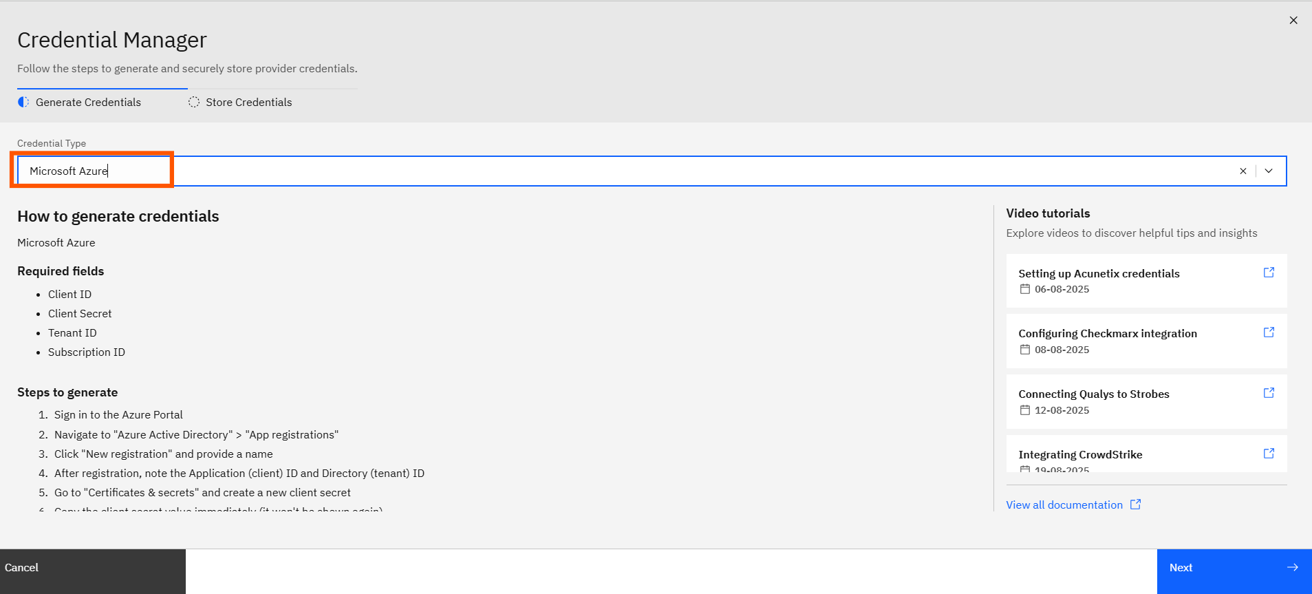Configuring Azure credentials: Step 2: Add a New Credential (screenshot 2)