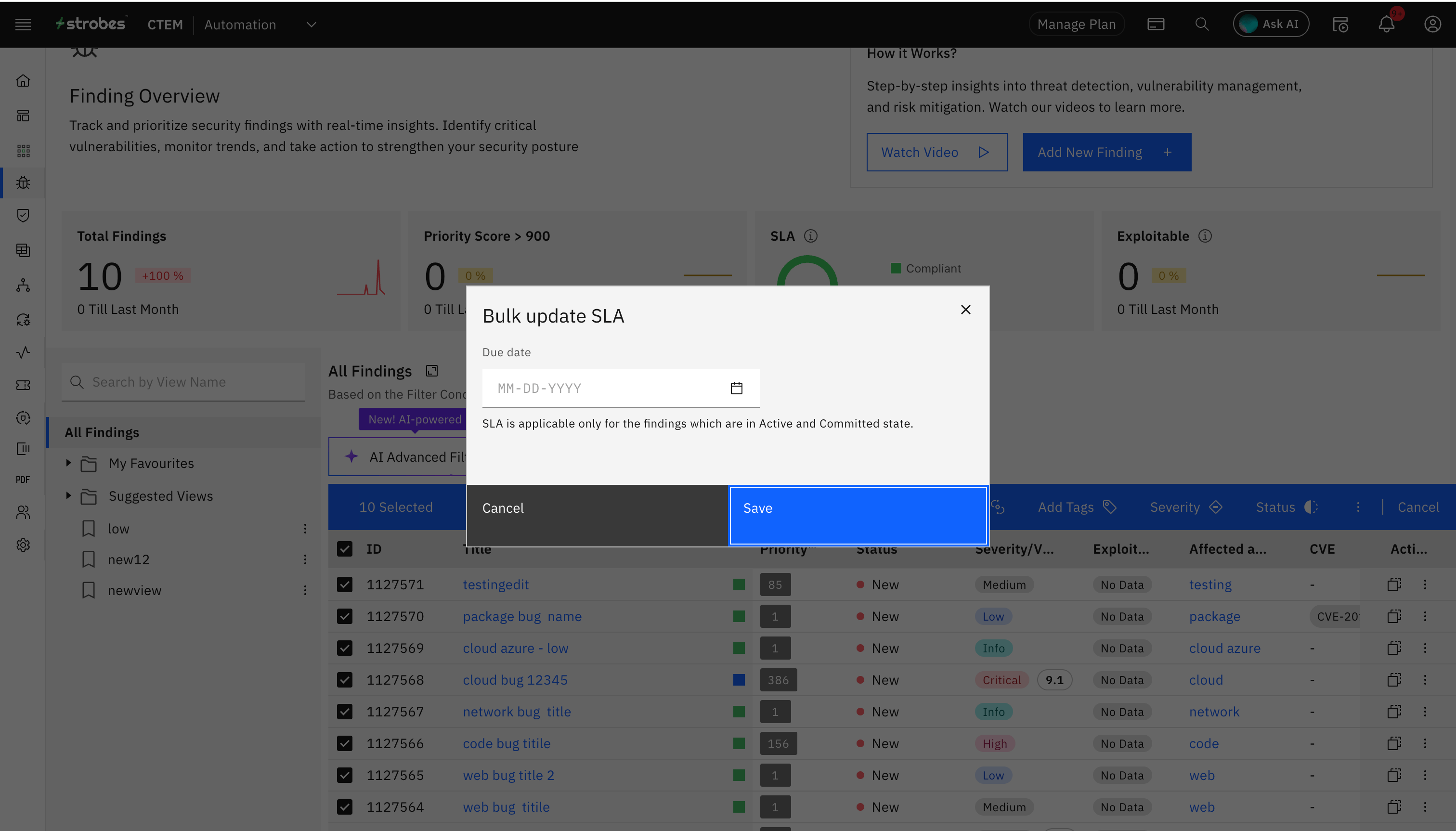 Bulk actions on findings: SLA Bulk Action (screenshot 1)