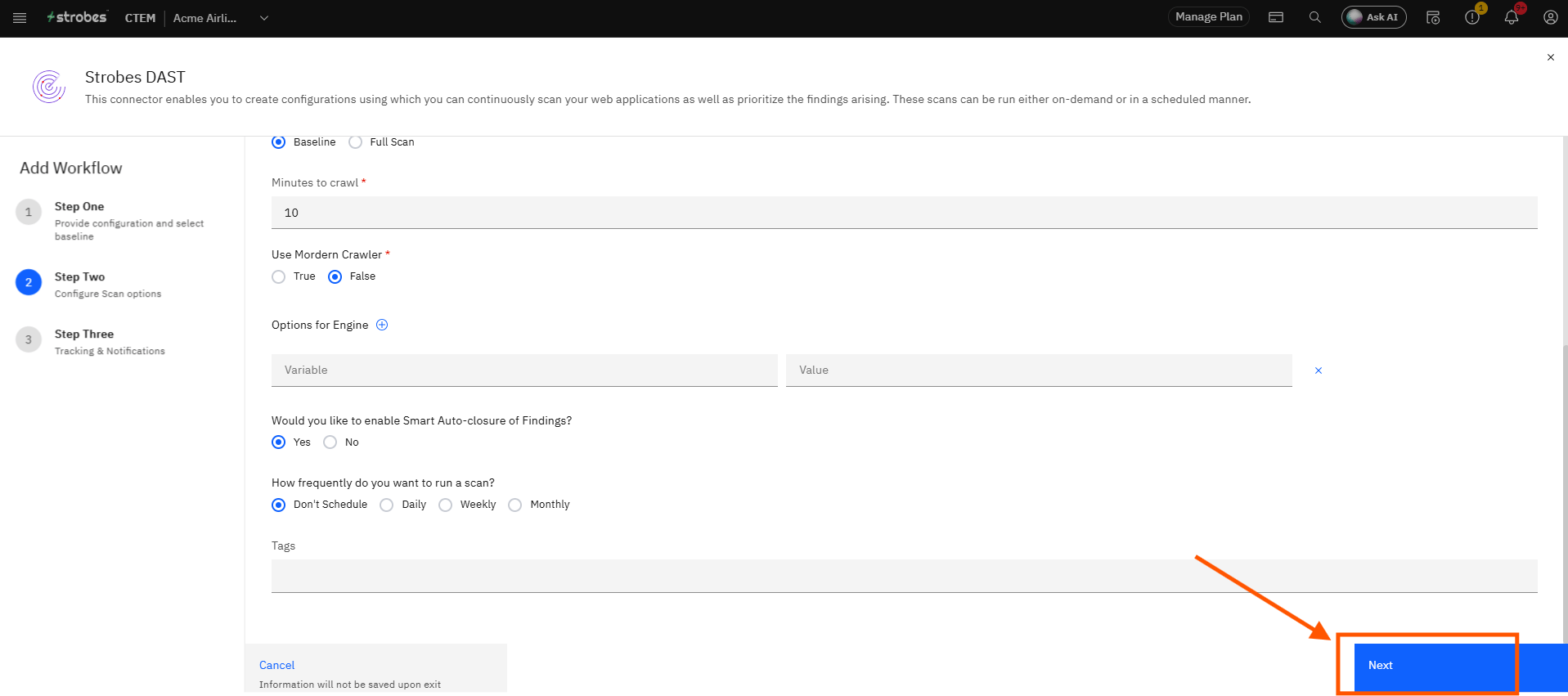 Configuring Strobes DAST: Step 19 — Proceed to Step Three (screenshot 19)
