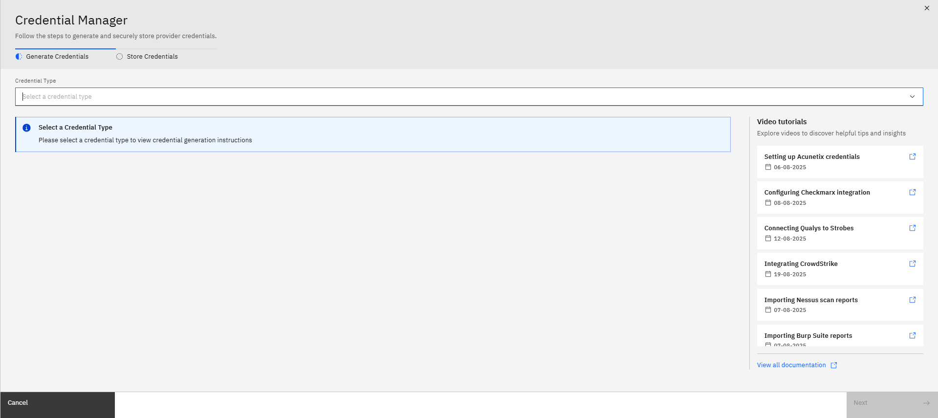 Configuring ServiceNow Credentials and Connector in Strobes: Step 4 — Open the Credential Type Dropdown (screenshot 5)