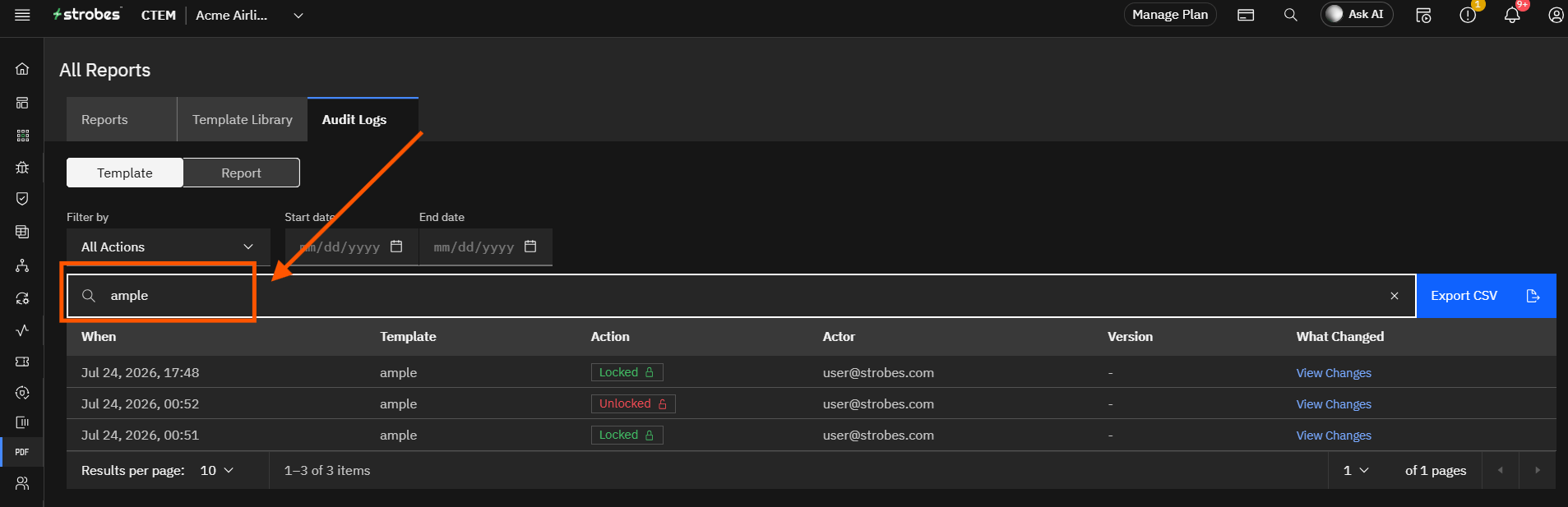 Report Audit Logs: Step 6 — Search the Template Log (screenshot 6)