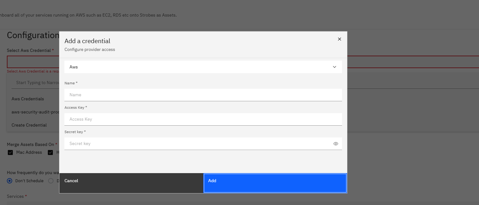 Connecting AWS Asset Inventory to Strobes: Step 7 — Create a New AWS Credential (screenshot 7)