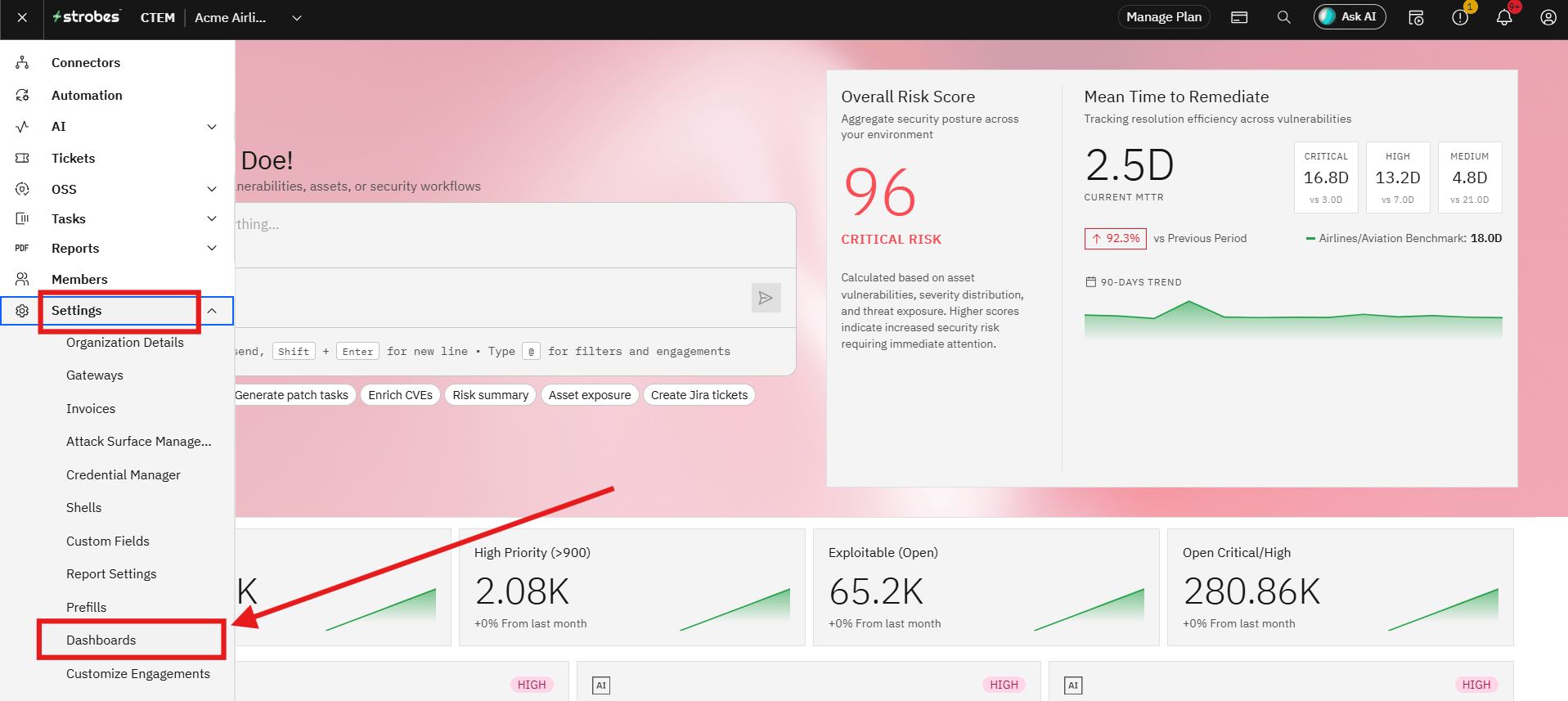 Deleting a Dashboard: Step 1: Navigate to Settings > Dashboards (screenshot 1)