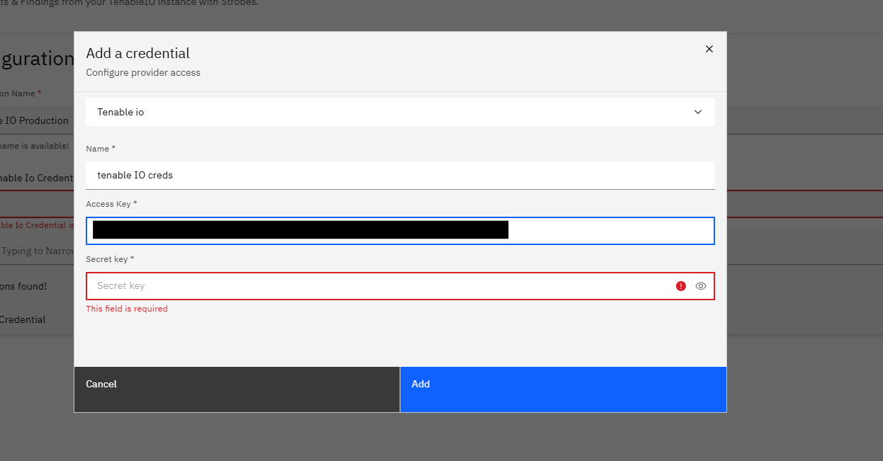 Connecting Tenable IO to Strobes: Step 13 — Paste the Access Key (screenshot 8)