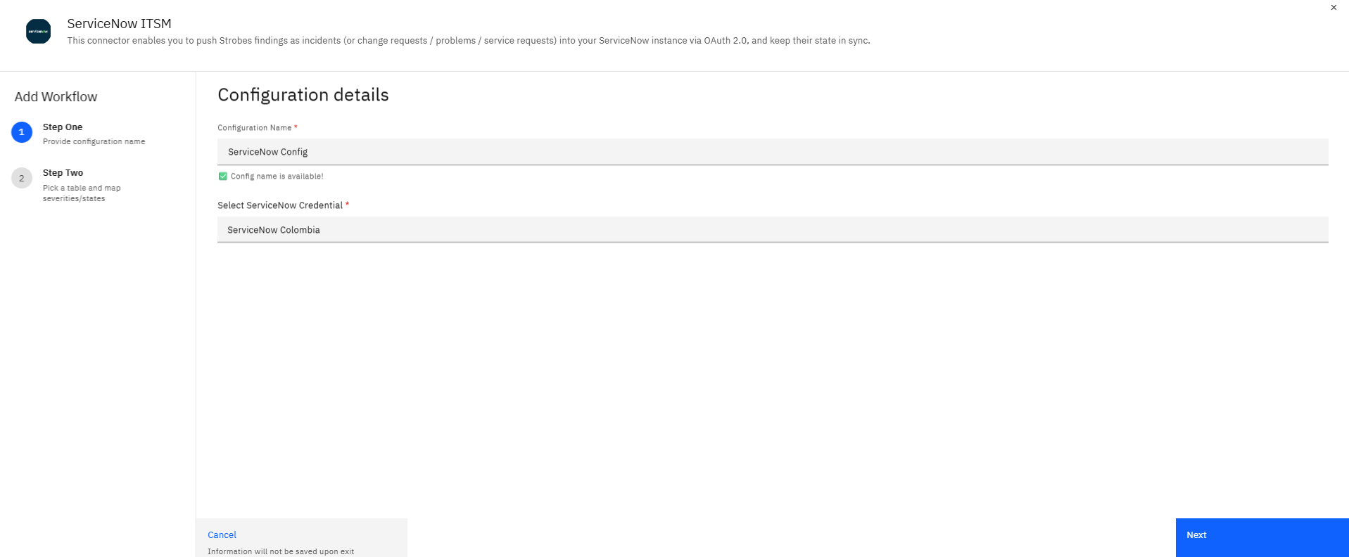 Configuring ServiceNow Credentials and Connector in Strobes: Step 7 — Click Next (screenshot 22)