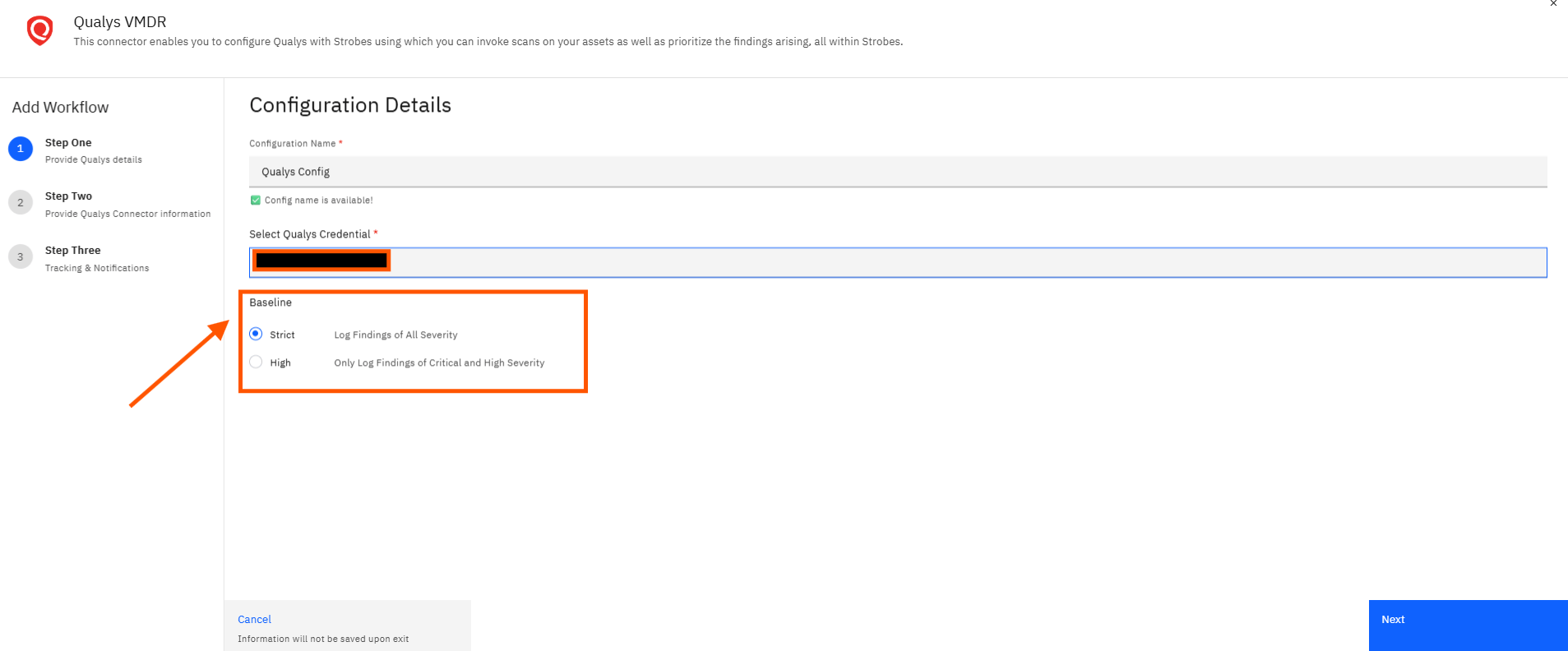 Configuring Qualys VMDR with Strobes: Step 13 — Review the Baseline Selection (screenshot 13)