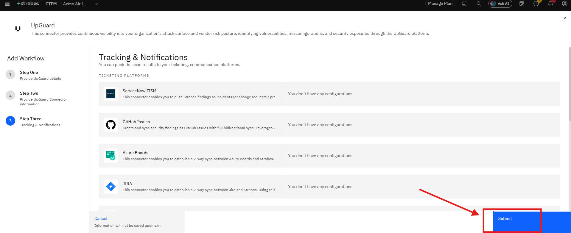 Connecting UpGuard to Strobes: Step 21 — Click Submit (screenshot 21)