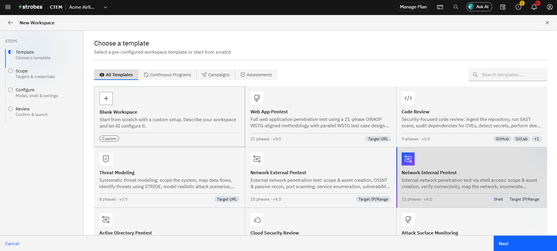 Network Internal Pentest: Step 2: Open the wizard and pick the template (screenshot 5)