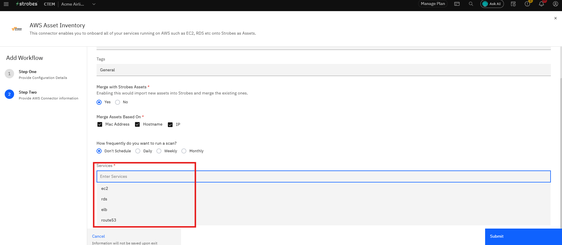 Connecting AWS Asset Inventory to Strobes: Step 12 — Enter the AWS Services to Import (screenshot 13)
