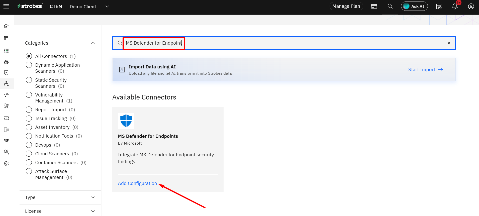 Connecting Microsoft Defender for Endpoints to Strobes: Step 2: Search for the Connector (screenshot 2)