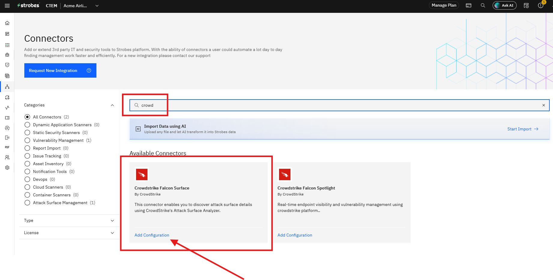 Connecting CrowdStrike Falcon Surface to Strobes: Step 2 — Search for the Connector (screenshot 2)