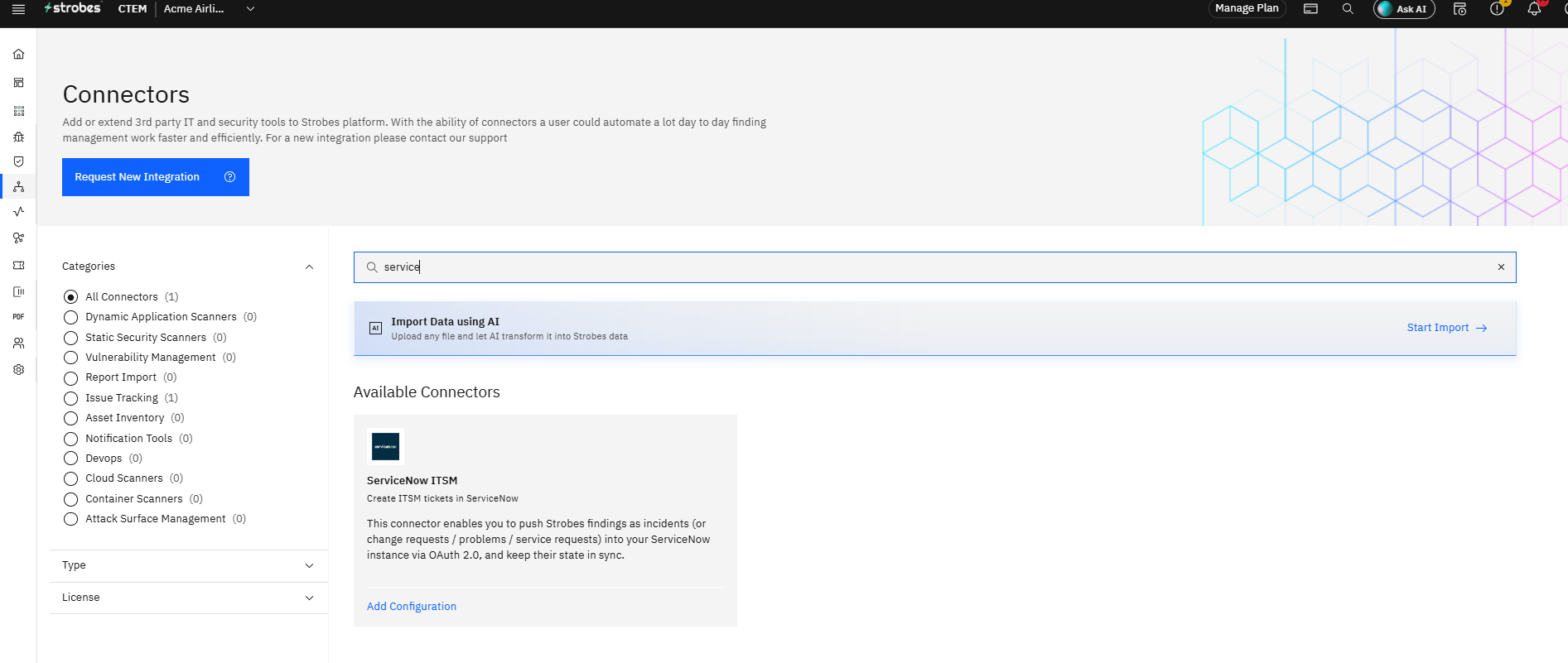 Configuring ServiceNow Credentials and Connector in Strobes: Step 2 — Search for ServiceNow ITSM (screenshot 17)