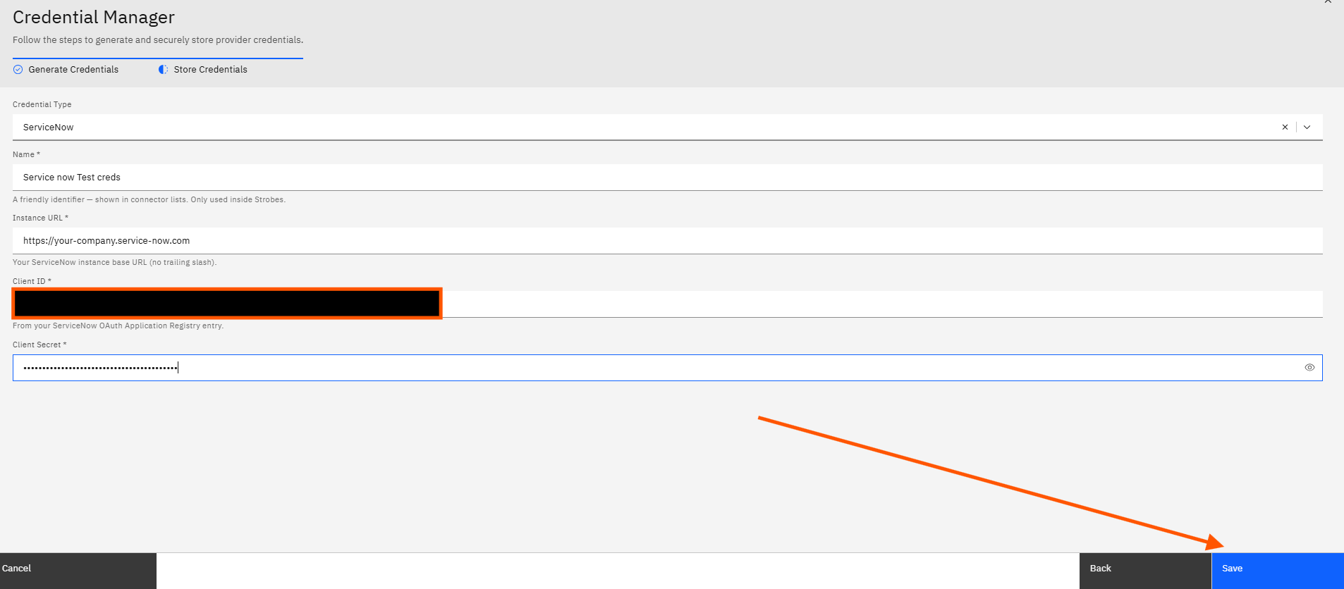 Configuring ServiceNow Credentials and Connector in Strobes: Step 13 — Click Save (screenshot 14)