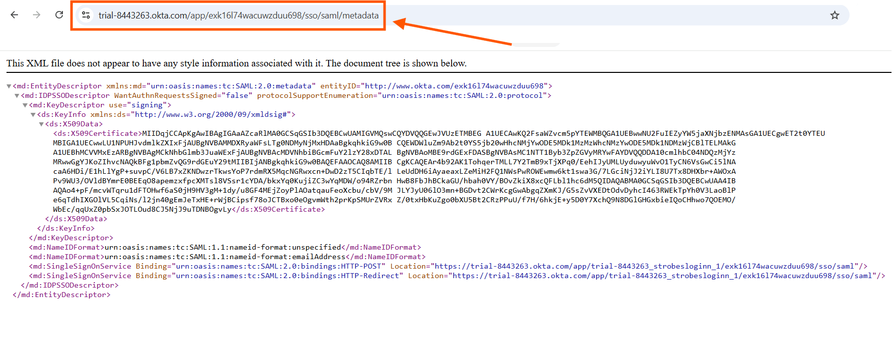 Configuring Okta SSO (SAML): Step 23 — Open the Metadata URL and Copy the Full XML (screenshot 24)