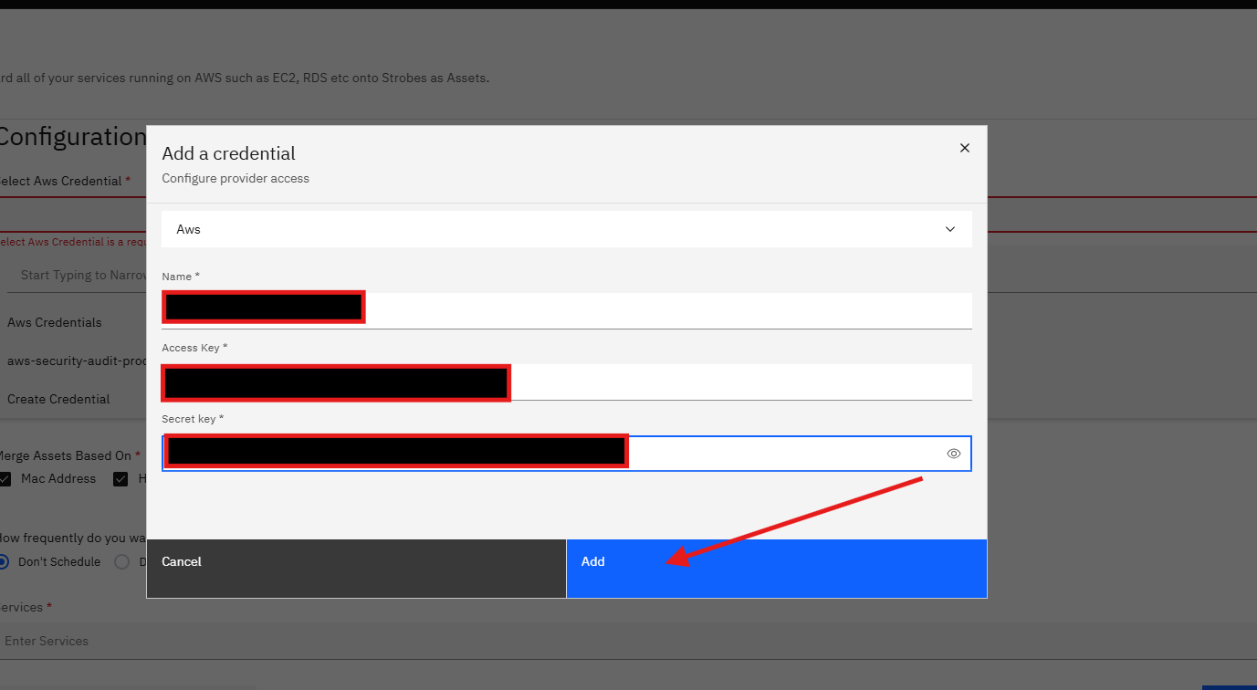 Connecting AWS Asset Inventory to Strobes: Step 7 — Create a New AWS Credential (screenshot 8)