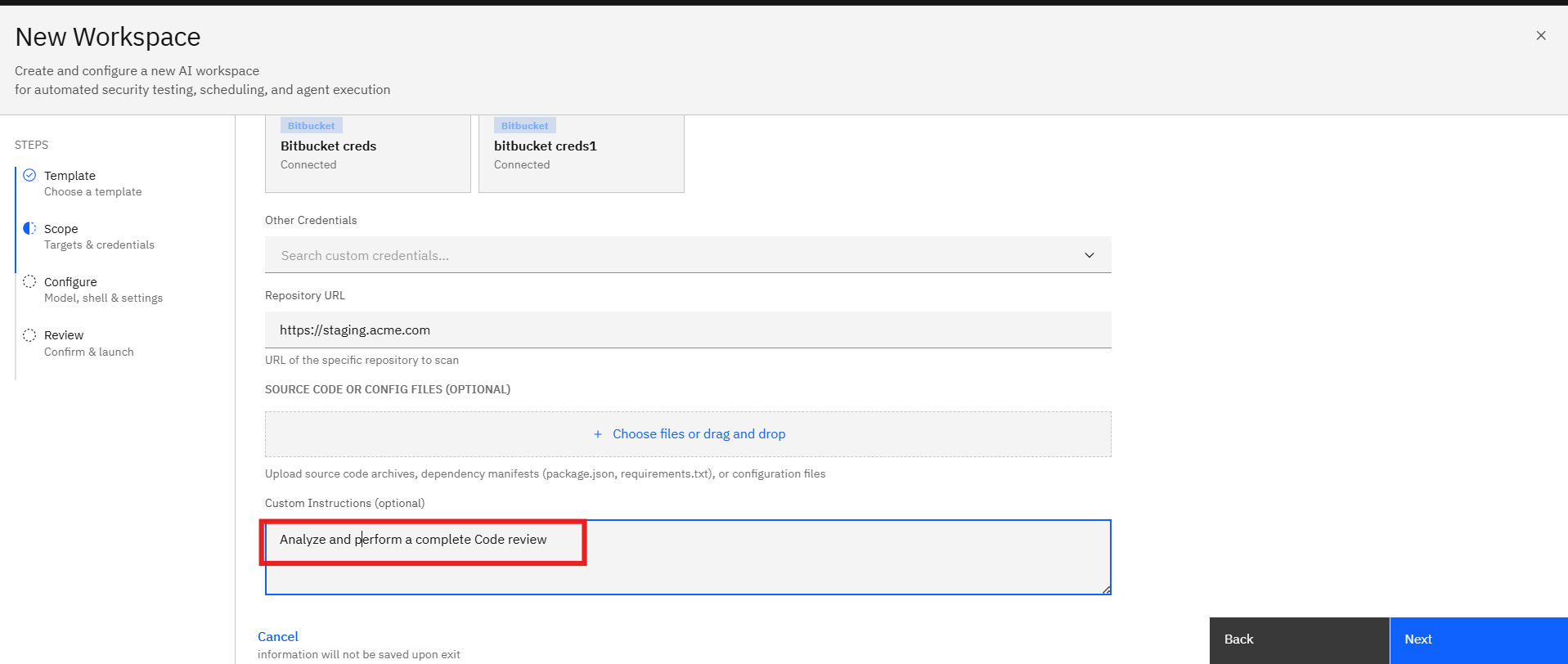 Code Review Assessment via Template: Step 6: Add Custom Instructions (Optional) (screenshot 9)