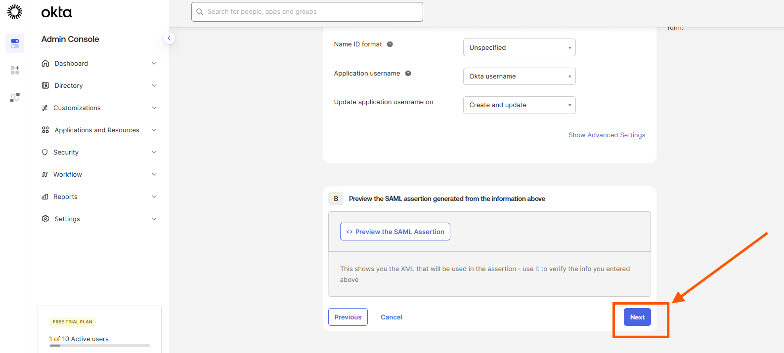 Configuring Okta SSO (SAML): Step 19 — Review the Remaining SAML Settings and Click Next (screenshot 20)