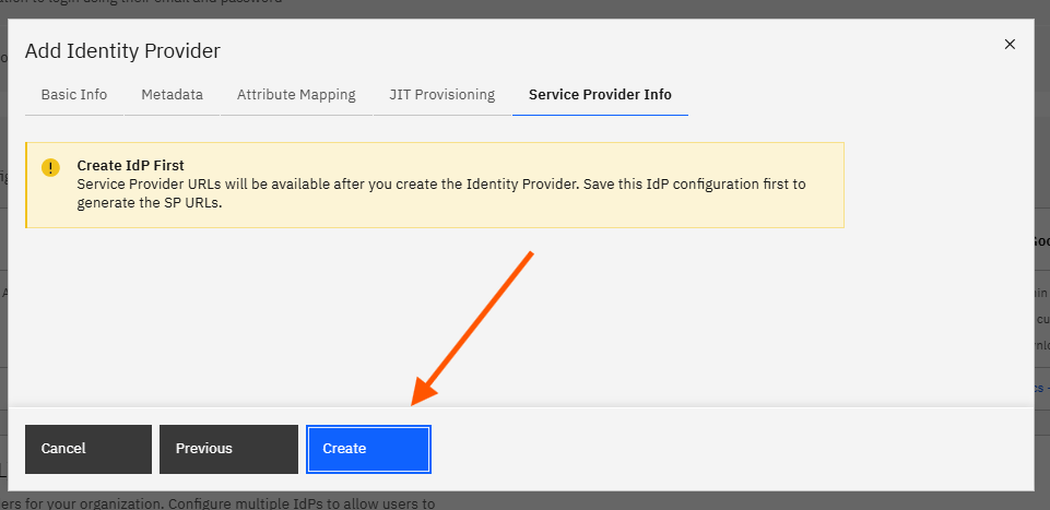 Configuring Okta SSO (SAML): Step 13 — Click Create on the Service Provider Info Tab (screenshot 14)