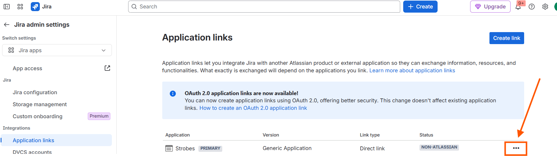 Configuring the Jira integration (OAuth 1.0): Step 8 — Click Edit on the Strobes Application Link (screenshot 9)
