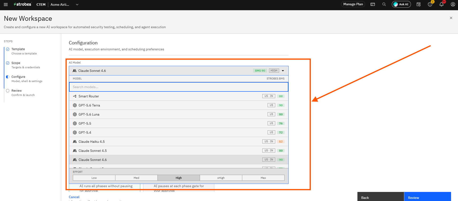 Creating a Red Team Engagement in Strobes: Step 11 — Select the AI Model (screenshot 11)