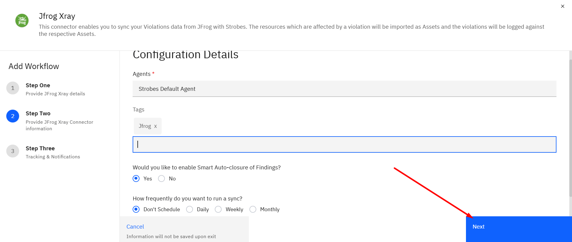 Connecting JFrog Xray (violations): Step 14: Proceed to Step Three (screenshot 14)