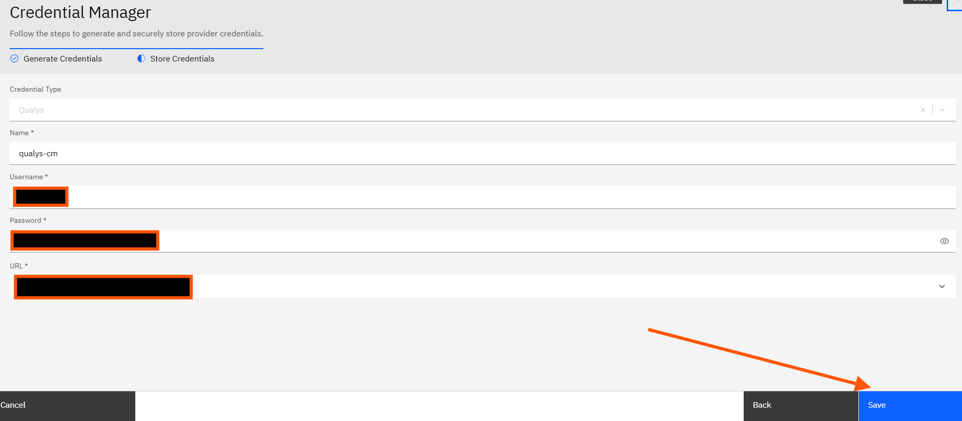 Configuring Qualys credentials: Step 4: Save the Configuration (screenshot 3)
