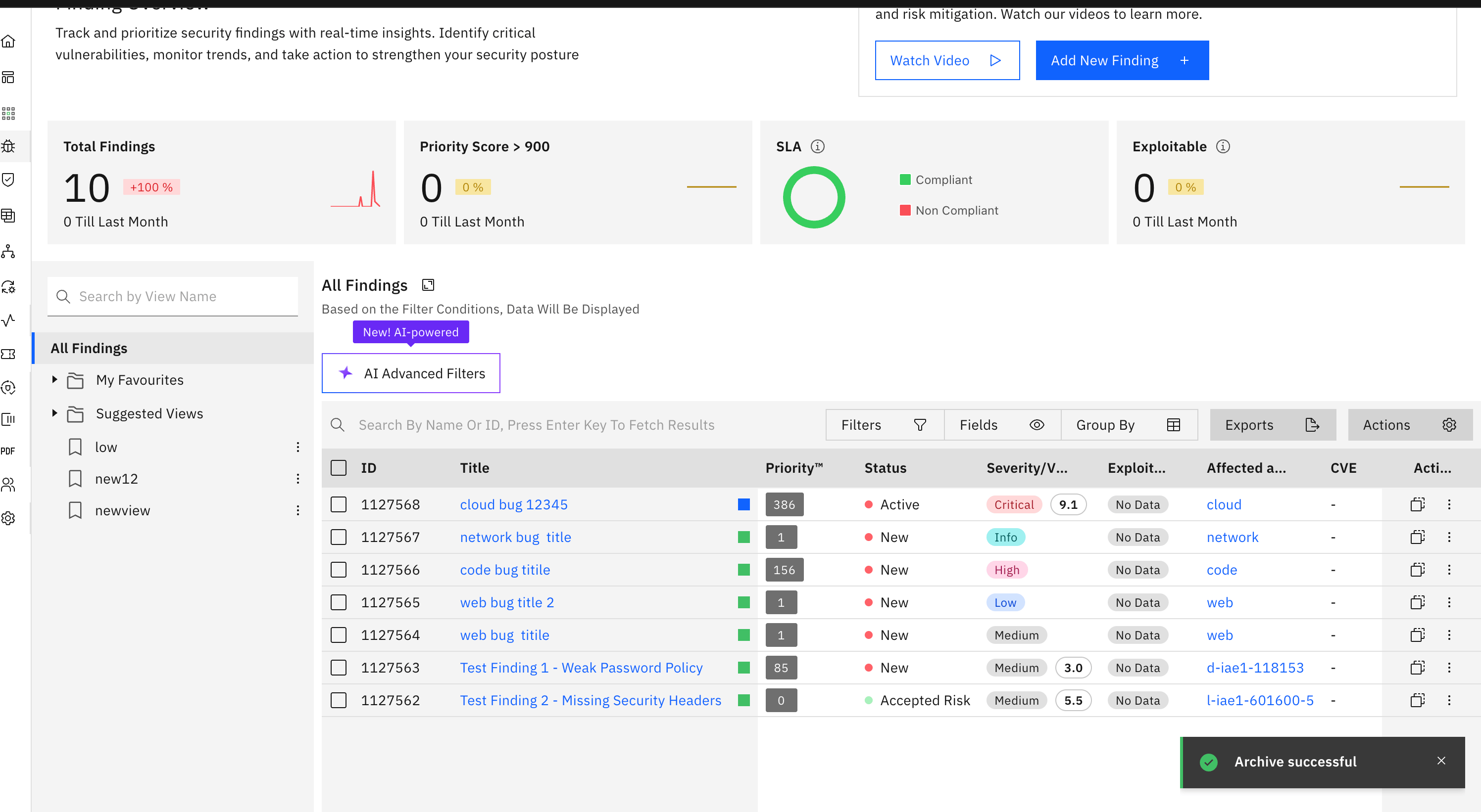 Bulk actions on findings: Archive Vulnerabilities Bulk Action (screenshot 14)