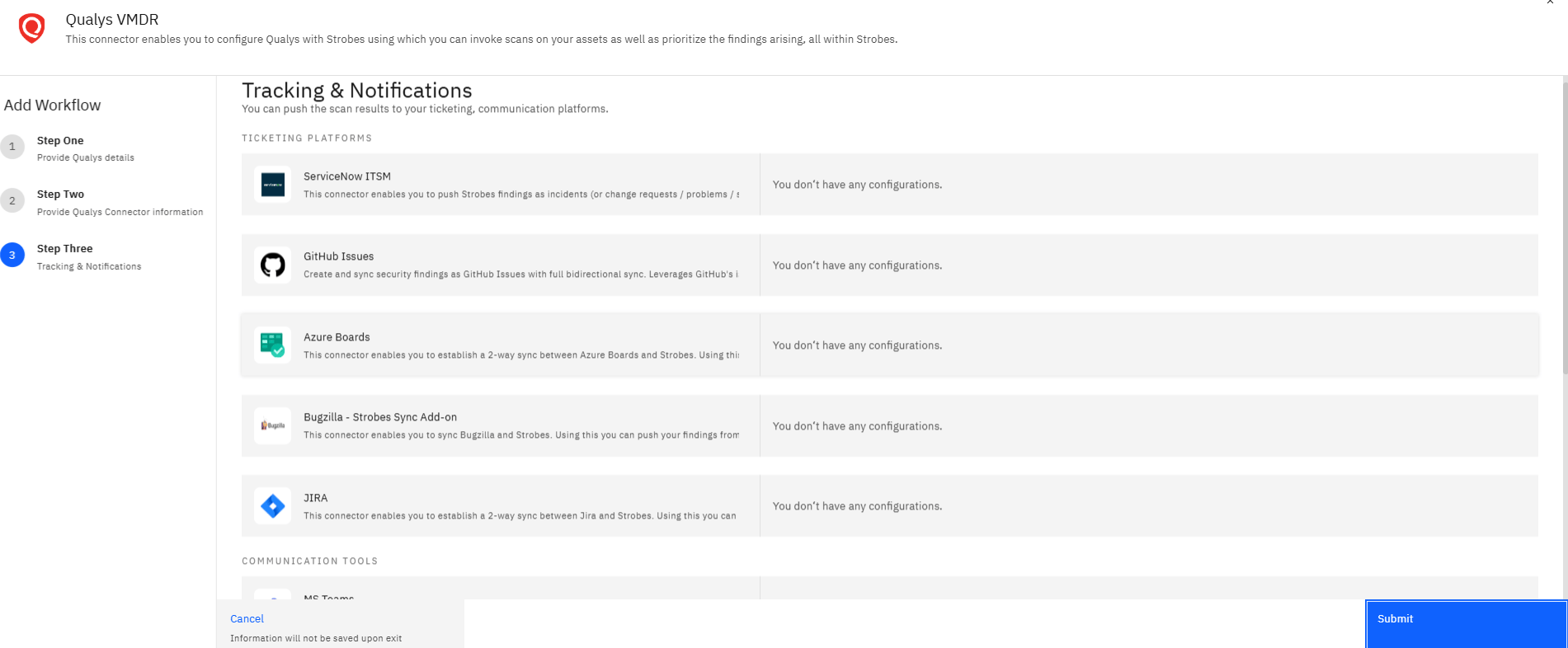 Configuring Qualys VMDR with Strobes: Step 21 — Review the Tracking & Notifications Options (screenshot 21)