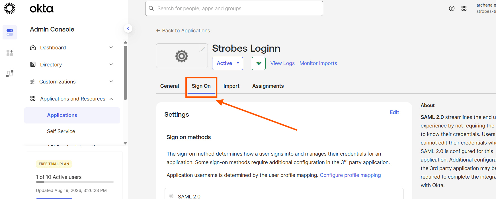 Configuring Okta SSO (SAML): Step 21 — Go to the Sign On Tab and Locate the Metadata URL (screenshot 22)