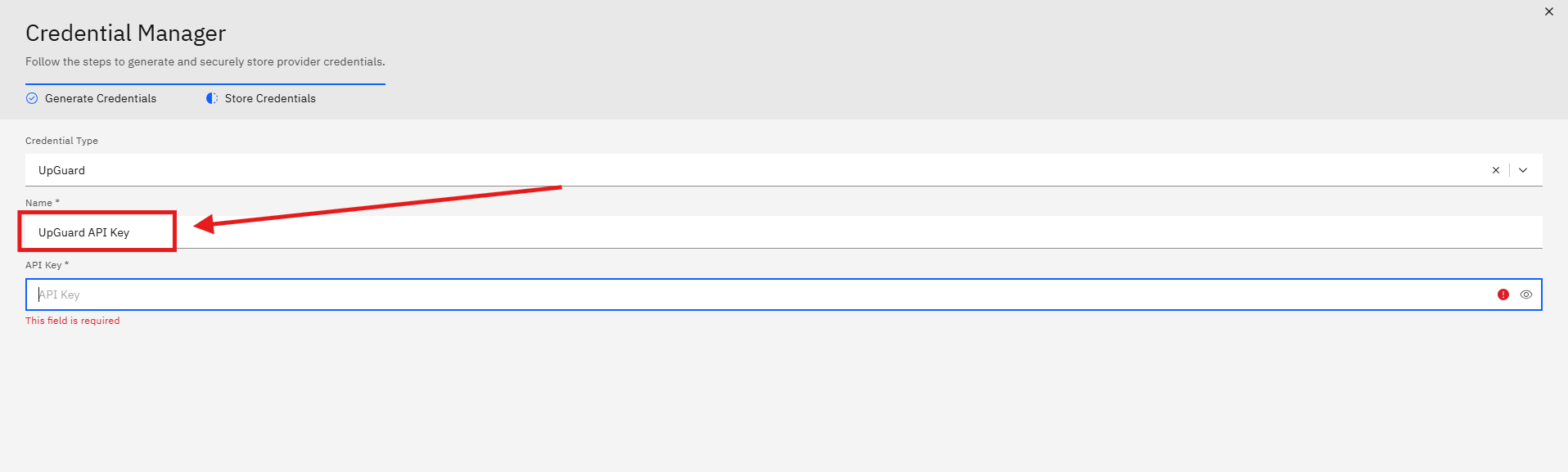 Connecting UpGuard to Strobes: Step 5 — Enter a Name for the Credential (screenshot 5)