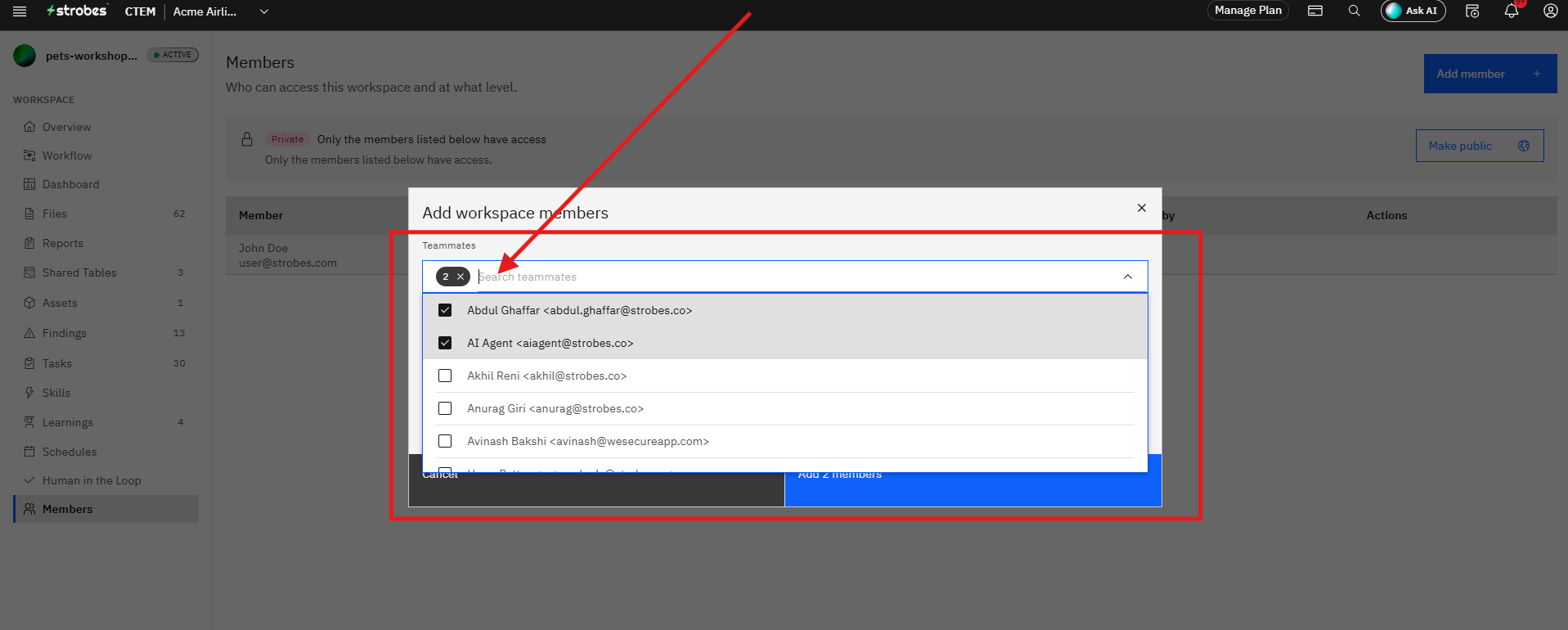 Managing AI Workspace Isolation and AI Member Access: Step 7 — Search for and Select Teammates (screenshot 8)