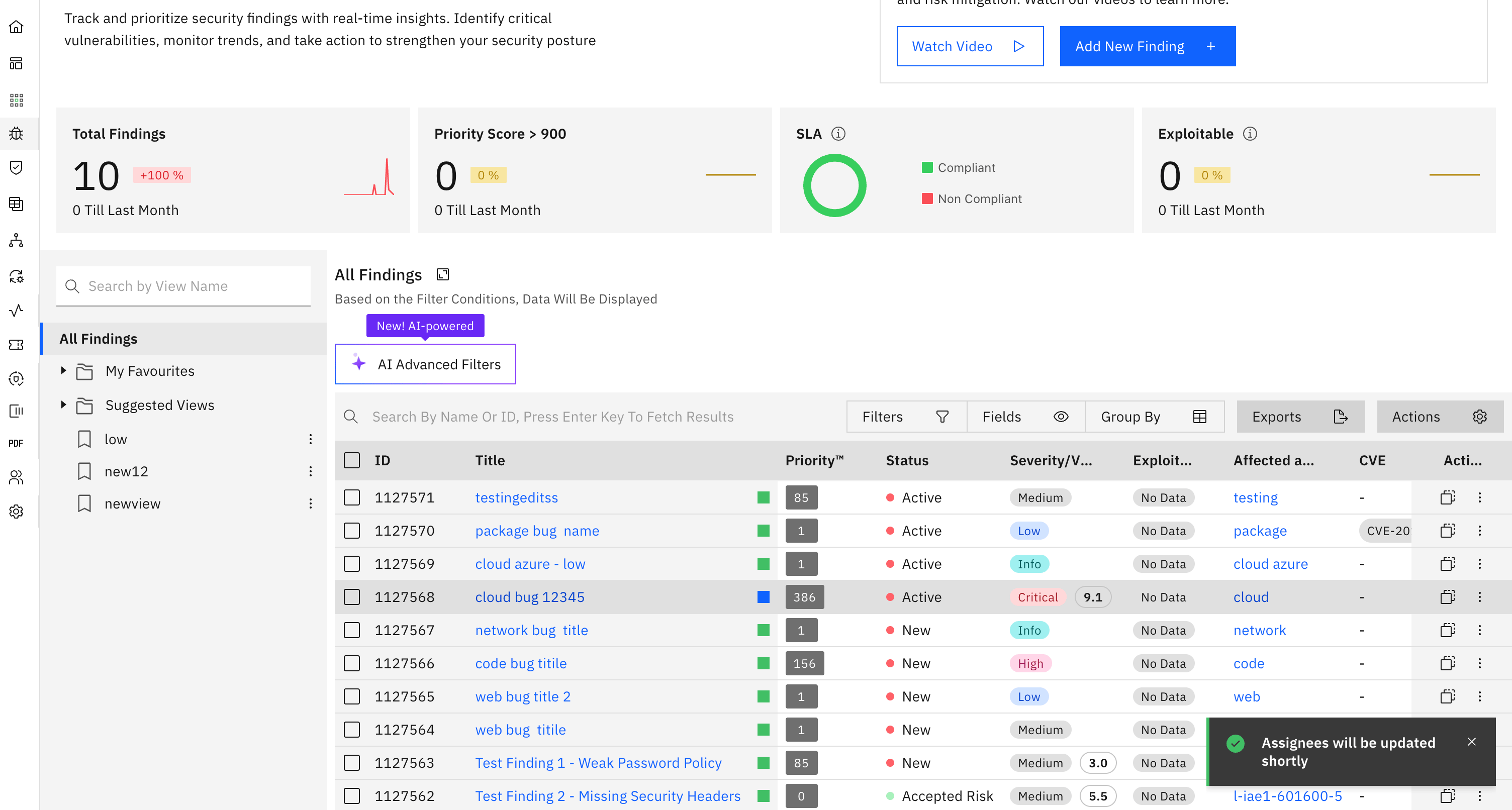 Bulk actions on findings: Asignee Bulk Action (screenshot 12)