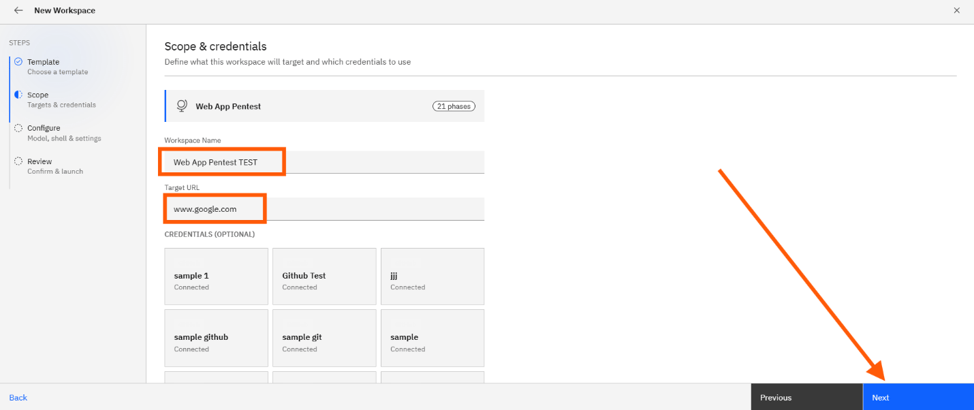 Running a pentest from a template: Step 4: Define scope (screenshot 5)